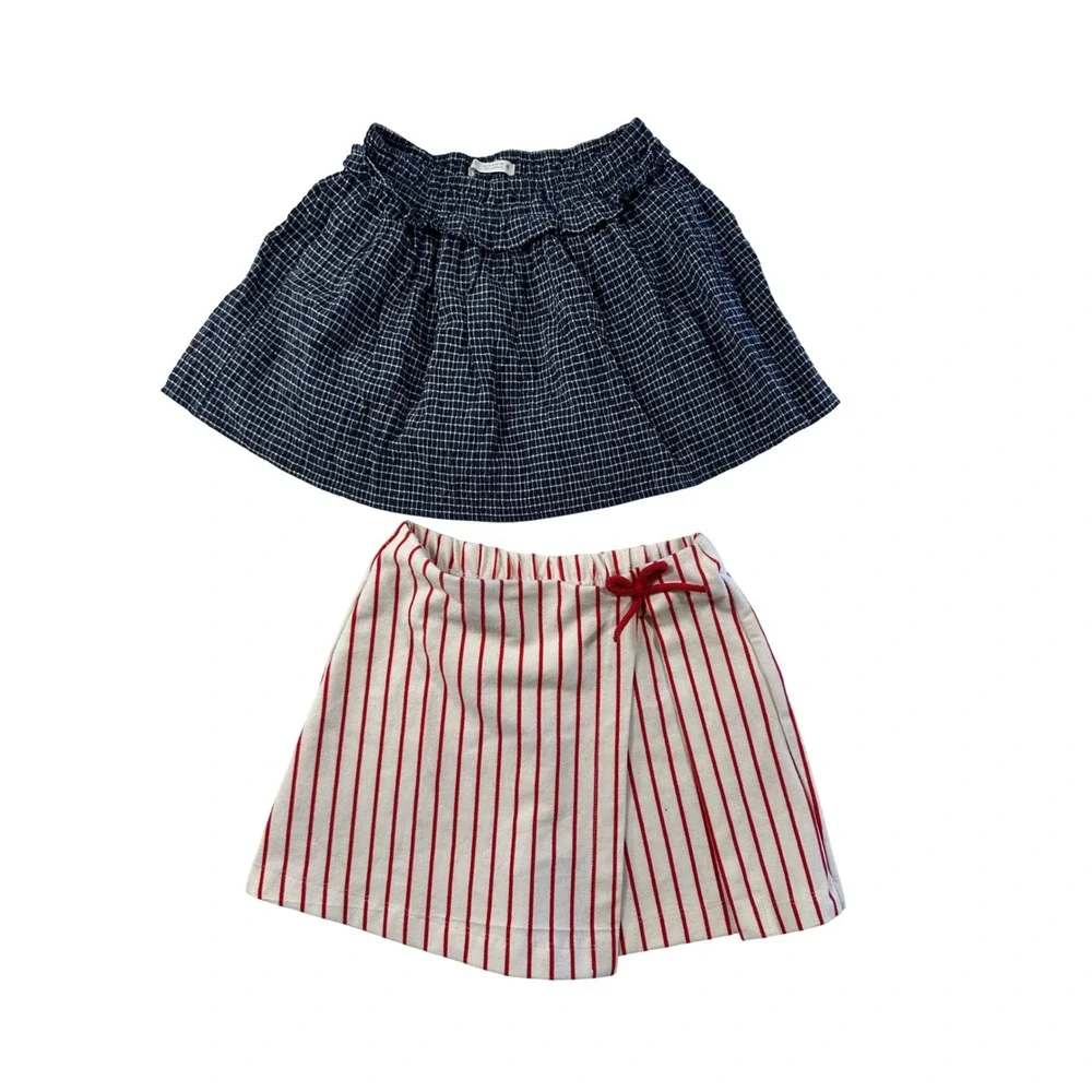 Zara‎ Kids Girls Skort Bundle Navy Grid Seersucker Red Stripe Size 9-10